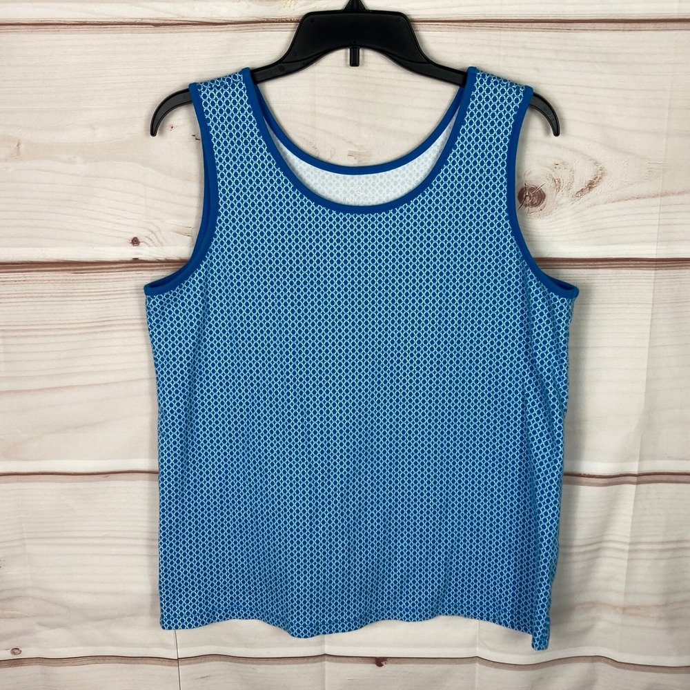 Lands End Top Women L Tall Blue Geometric Tank Scoop Neck Sleeveless Cotton Knit